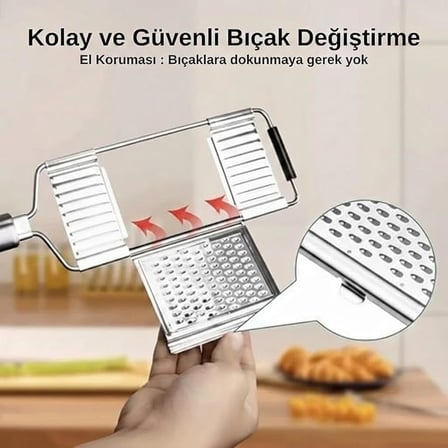4 Bıçaklı Metal El Rendesi – Mandolin Tipi Çok Amaçlı Rende ve Dilimleyici, Peynir Sebze Meyve Doğrayıcı, Paslanmaz Çelik Gövde, Ergonomik Saplı Pratik Mutfak Aleti