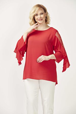 28004 Kolları İncili Büyük Beden Bluz Nar Çiçeği