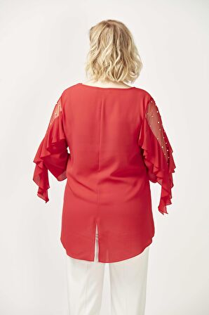 28004 Kolları İncili Büyük Beden Bluz Nar Çiçeği