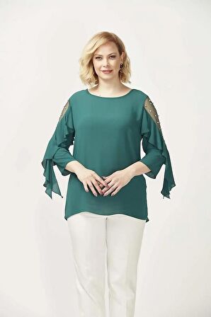 28004 Kolları İncili Büyük Beden Bluz Yeşil 