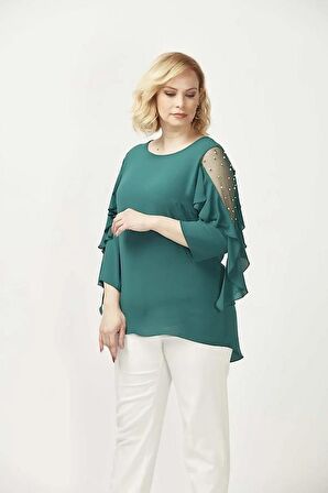 28004 Kolları İncili Büyük Beden Bluz Yeşil 
