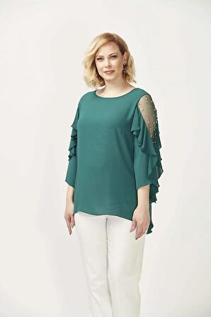 28004 Kolları İncili Büyük Beden Bluz Yeşil 