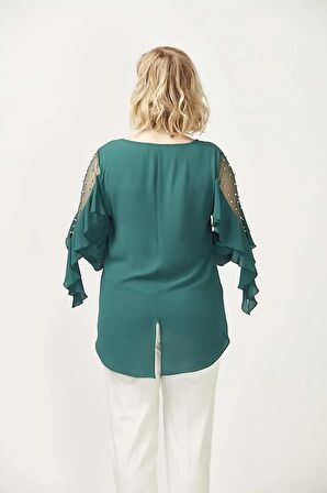 28004 Kolları İncili Büyük Beden Bluz Yeşil 