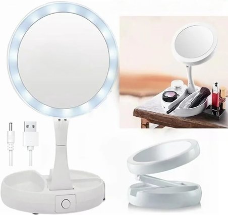 10X Büyütme Çift Taraflı Katlanabilir 21 LED Işıklı Makyaj Aynası USB Kablo