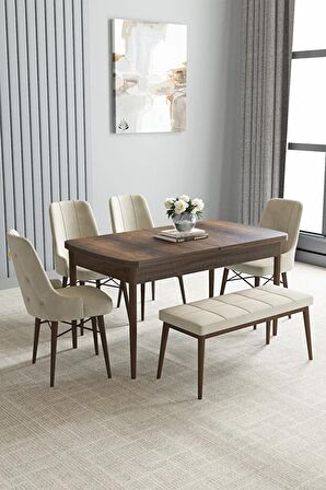 Loft Barok Desen 80x132 Açılabilir Mdf Yemek Odası Takımı 4 Sandalye, 1 Bench