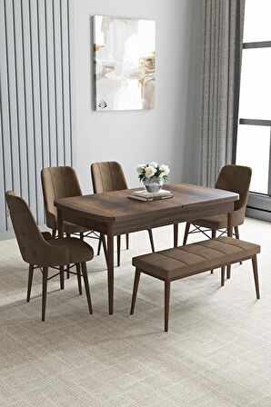 Loft Barok Desen 80x132 Açılabilir Mdf Yemek Odası Takımı 4 Sandalye, 1 Bench