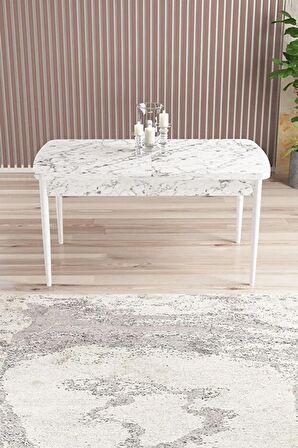 Loft Beyaz Mermer Desen 80x132 Açılabilir Mdf Yemek Odası Takımı 4 Sandalye, 1 Bench