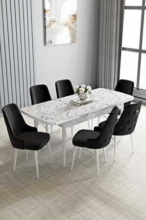 Loft Beyaz Mermer Desen 80x132 Açılabilir Mdf Yemek Odası Takımı 6 Adet Sandalye