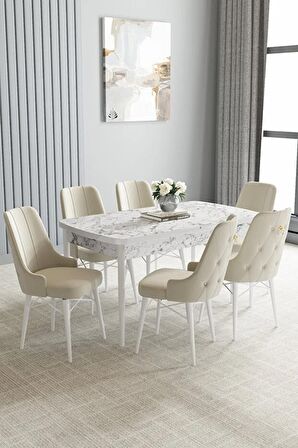 Loft Beyaz Mermer Desen 80x132 Açılabilir Mdf Yemek Odası Takımı 6 Adet Sandalye