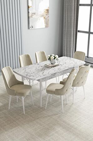 Loft Beyaz Mermer Desen 80x132 Açılabilir Mdf Yemek Odası Takımı 6 Adet Sandalye