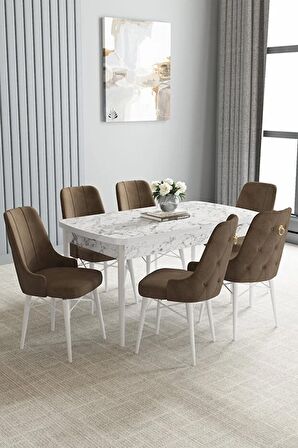 Loft Beyaz Mermer Desen 80x132 Açılabilir Mdf Yemek Odası Takımı 6 Adet Sandalye