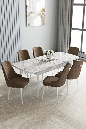 Loft Beyaz Mermer Desen 80x132 Açılabilir Mdf Yemek Odası Takımı 6 Adet Sandalye