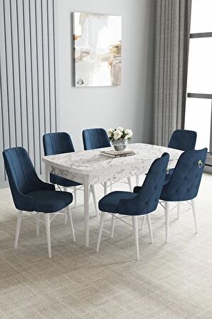 Loft Beyaz Mermer Desen 80x132 Açılabilir Mdf Yemek Odası Takımı 6 Adet Sandalye