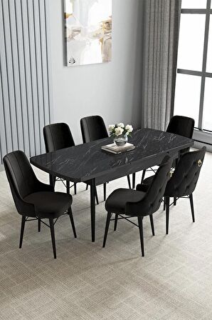 Loft Siyah Mermer Desen 80x132 Açılabilir Mdf Yemek Odası Takımı 6 Adet Sandalye