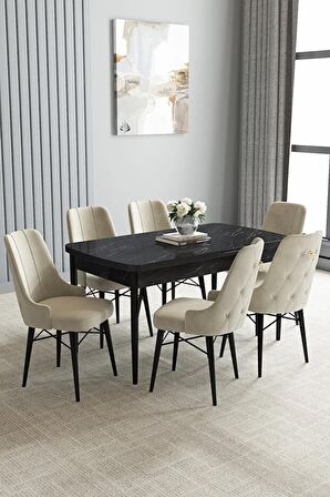 Loft Siyah Mermer Desen 80x132 Açılabilir Mdf Yemek Odası Takımı 6 Adet Sandalye