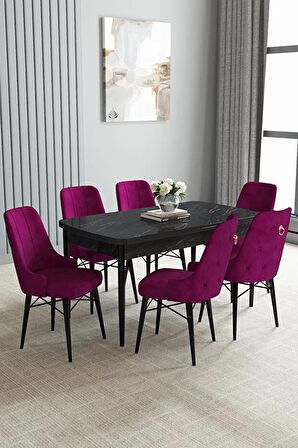 Loft Siyah Mermer Desen 80x132 Açılabilir Mdf Yemek Odası Takımı 6 Adet Sandalye