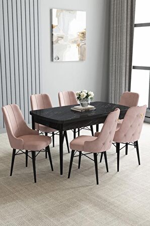 Loft Siyah Mermer Desen 80x132 Açılabilir Mdf Yemek Odası Takımı 6 Adet Sandalye