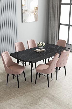 Loft Siyah Mermer Desen 80x132 Açılabilir Mdf Yemek Odası Takımı 6 Adet Sandalye