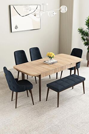 Mabel Meşe Desen 80x132 Açılabilir Mdf Yemek Odası Takımı 4 Sandalye, 1 Bench
