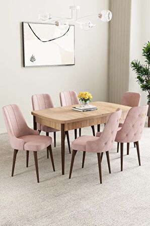 Mabel Meşe Desen 80x132 Açılabilir Mdf Yemek Odası Takımı 6 Adet Sandalye