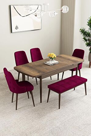 Mabel Barok Desen 80x132 Açılabilir Mdf Yemek Odası Takımı 4 Sandalye, 1 Bench