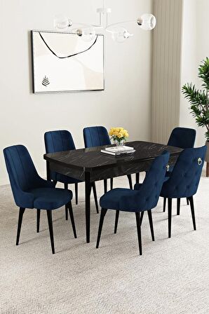 Mabel Siyah Mermer Desen 80x132 Açılabilir Mdf Yemek Odası Takımı 6 Adet Sandalye