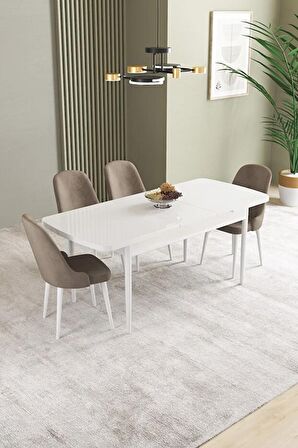 İkon Beyaz 80x132 Açılabilir Mdf Yemek Odası Takımı 4 Adet Sandalye