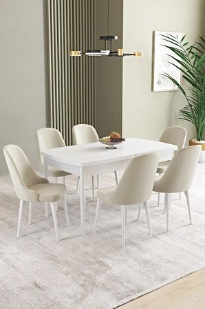 İkon Beyaz 80x132 Açılabilir Mdf Yemek Odası Takımı 6 Adet Sandalye