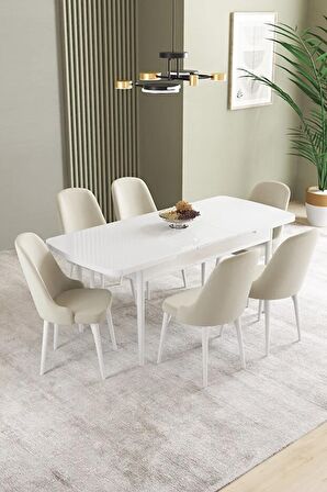 İkon Beyaz 80x132 Açılabilir Mdf Yemek Odası Takımı 6 Adet Sandalye