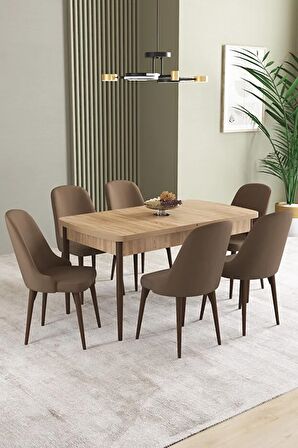 İkon Meşe Desen 80x132 Açılabilir Mdf Yemek Odası Takımı 6 Adet Sandalye