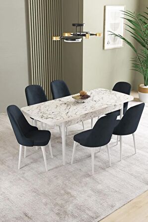 İkon Beyaz Mermer Desen 80x132 Açılabilir Mdf Yemek Odası Takımı 6 Adet Sandalye