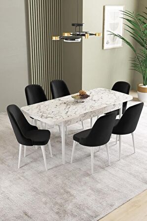 İkon Beyaz Mermer Desen 80x132 Açılabilir Mdf Yemek Odası Takımı 6 Adet Sandalye