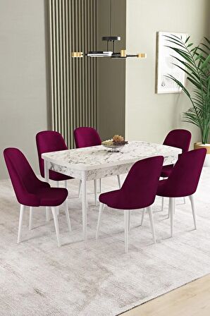İkon Beyaz Mermer Desen 80x132 Açılabilir Mdf Yemek Odası Takımı 6 Adet Sandalye