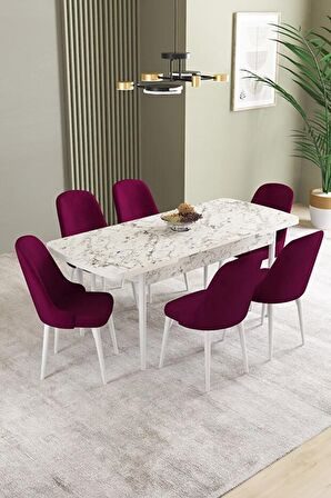 İkon Beyaz Mermer Desen 80x132 Açılabilir Mdf Yemek Odası Takımı 6 Adet Sandalye