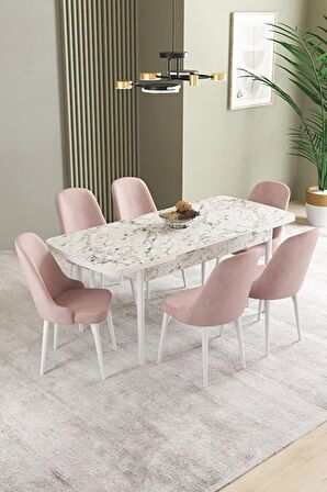 İkon Beyaz Mermer Desen 80x132 Açılabilir Mdf Yemek Odası Takımı 6 Adet Sandalye