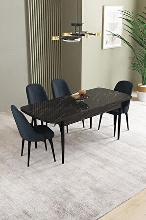 İkon Siyah Mermer Desen 80x132 Açılabilir Mdf Yemek Odası Takımı 4 Adet Sandalye