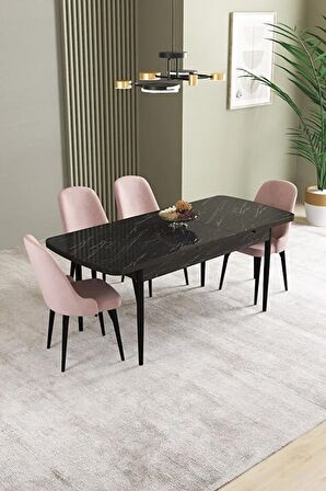 İkon Siyah Mermer Desen 80x132 Açılabilir Mdf Yemek Odası Takımı 4 Adet Sandalye