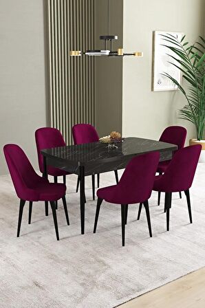 İkon Siyah Mermer Desen 80x132 Açılabilir Mdf Yemek Odası Takımı 6 Adet Sandalye