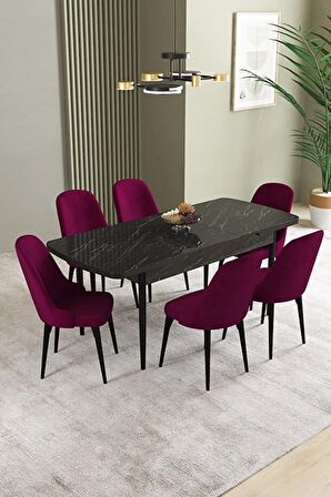 İkon Siyah Mermer Desen 80x132 Açılabilir Mdf Yemek Odası Takımı 6 Adet Sandalye