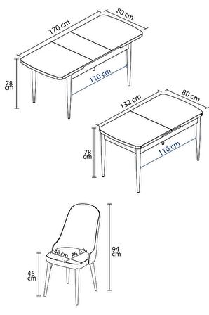 İkon Siyah Mermer Desen 80x132 Açılabilir Mdf Yemek Odası Takımı 6 Adet Sandalye