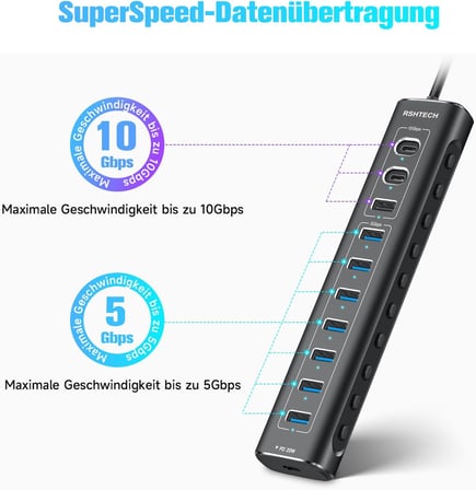 USB C 3.2 Hub Aktif Güç Kaynaklı (60W 12/5A), 11 Port USB C 3.1 Gen2 Hub 20W PD, 3 x 10Gbps USB 3.2 (2 x Tip C, 1 x Tip A), 7 * 5Gbps USB 3.0, 2'si 1 Arada Kablo, Alüminyum USB Dağıtıcı,
