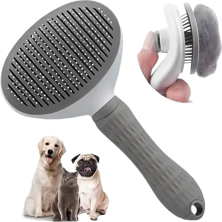 Gri Otomatik Temizlenen Tüy Toplama Tarağı – Basmalı Mekanizmalı Kedi Köpek Tarağı – Çelik İğneli – Cilt Dostu – Ergonomik Saplı – Uzun ve Kısa Tüyler İçin