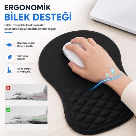 Ergonomik Premium Bilek Destekli Mouse Pad – Kaymaz Tabanlı Mouse Altlığı, Ofis ve Ev Kullanımı İçin Konforlu Bilek Destekli Fare Pedi, Siyah
