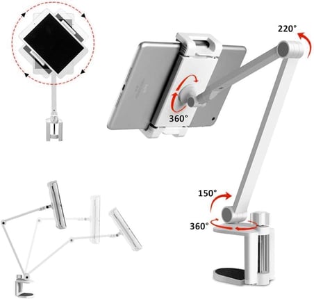 Alüminyum Uzun Kollu Ayarlanabilir Tablet Standı, 360 Derece Döndürülebilir, iPhone/iPad/iPad Mini/iPad Pro 12,9 inç Herhangi Bir Telefon/Tablet 4-13 inç, Ev, Ofis, Mutfak ve Yatak Kullanımına Uygun