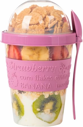Renkli Take and Go Kaşıklı Hazneli Meyveli Yoğurt Kabı Piknik Iş Atıştırmalık Diyet Müsli Granola Süt Bardağı (Pembe)