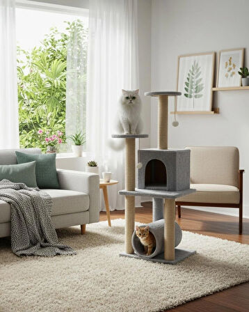 Reyo Pet T06 Kedi Oyun evi Kedi Tırmalama ve Oyun Evi Gri