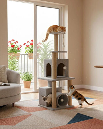 Reyo Pet T06 Kedi Oyun evi Kedi Tırmalama ve Oyun Evi Gri