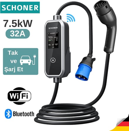 SCHONER® 7.5kw Taşınabilir Elektrikli Araç Şarj Istasyonu -Tak ve Şarj Et- Wi-Fi/Bluetooth Smart 5 Metre Tip2 Kablolu