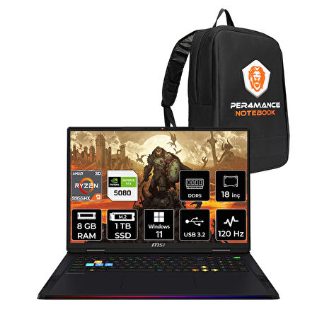 MSI Raider A18 HX R9 9955HX3D 8GB 1TB SSD RTX5080/16GB 175W 18'' UHD+ W11P Gaming Laptop