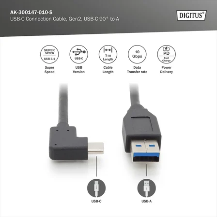 AK-300147-010-S Usb 3.1 Bağlantı Kablosu, C 90Ø, A’Ya Dirseklenmiş M/M, 1,0M, Tam Donanımlı, Gen2, 3A, 10Gb Ce, Syh
